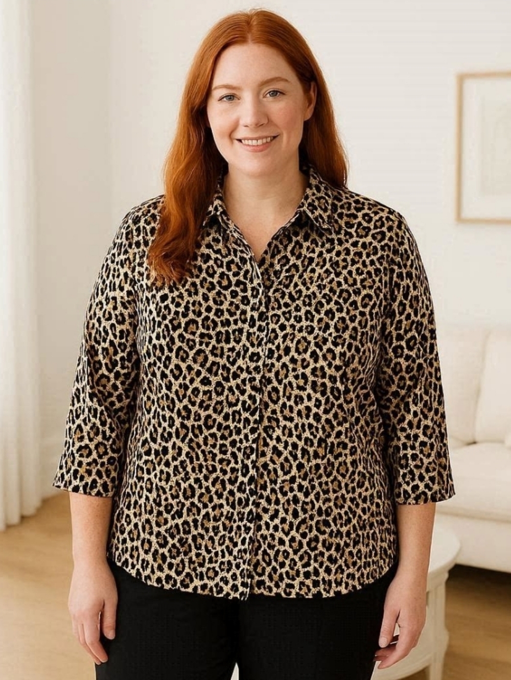Women's Animal Print No-Iron Button Down 3/4 Sleeve Shirt size 14W